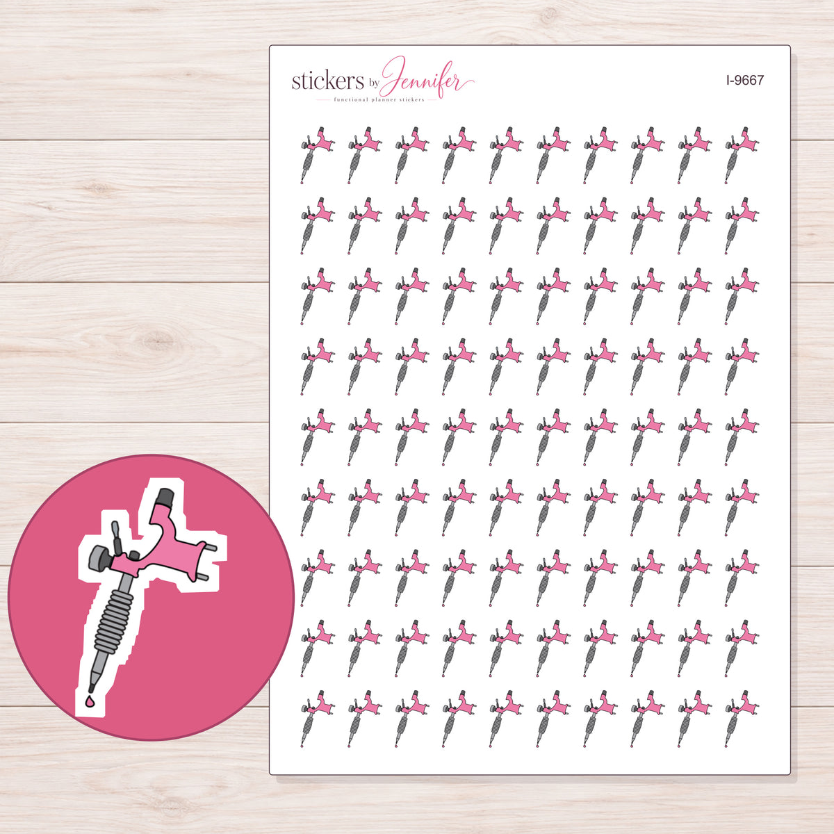 Pink Tattoo Machine Planner Stickers | I-9667 — 5 × 7 inch sheet and enlarged sticker detail