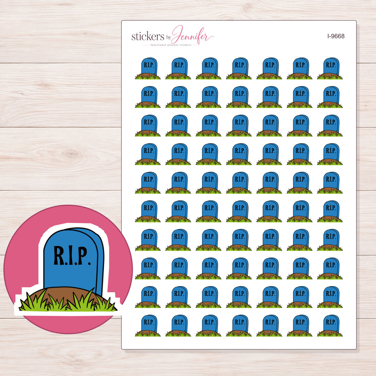 Blue RIP Gravestone Planner Stickers | I-9668 — 5 × 7 inch sheet and enlarged sticker detail