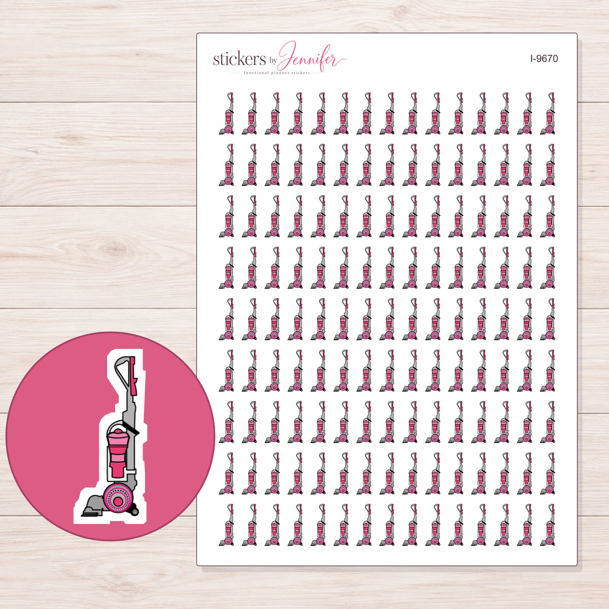 Pink Detailed Upright Vacuum Planner Stickers | I-9670 — 5 × 7 inch sheet and enlarged sticker detail