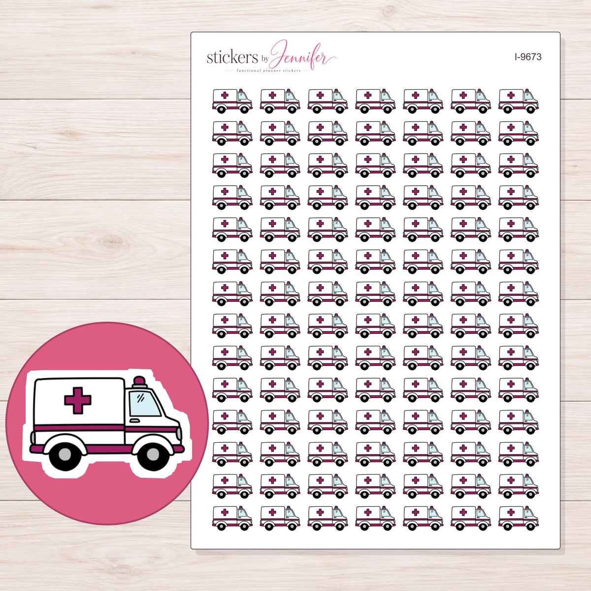 Magenta Accent Ambulance Planner Stickers | I-9673 — 5 × 7 inch sheet and enlarged sticker detail
