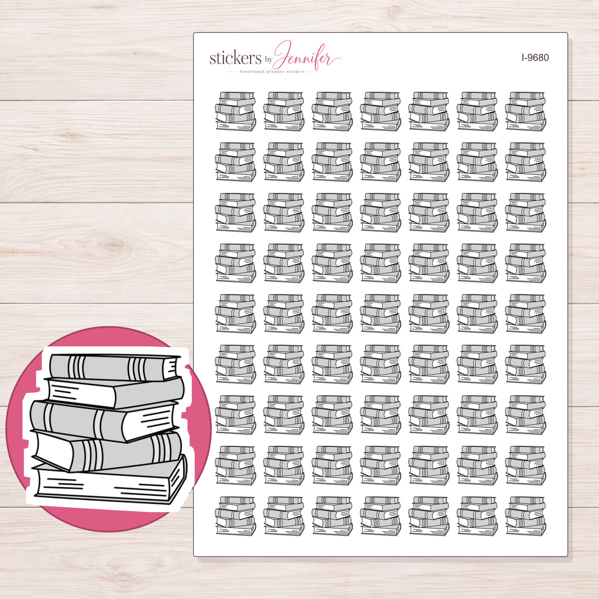 Gray Stacked Books Planner Stickers | I-9680 — 5 × 7 inch sheet and enlarged sticker detail