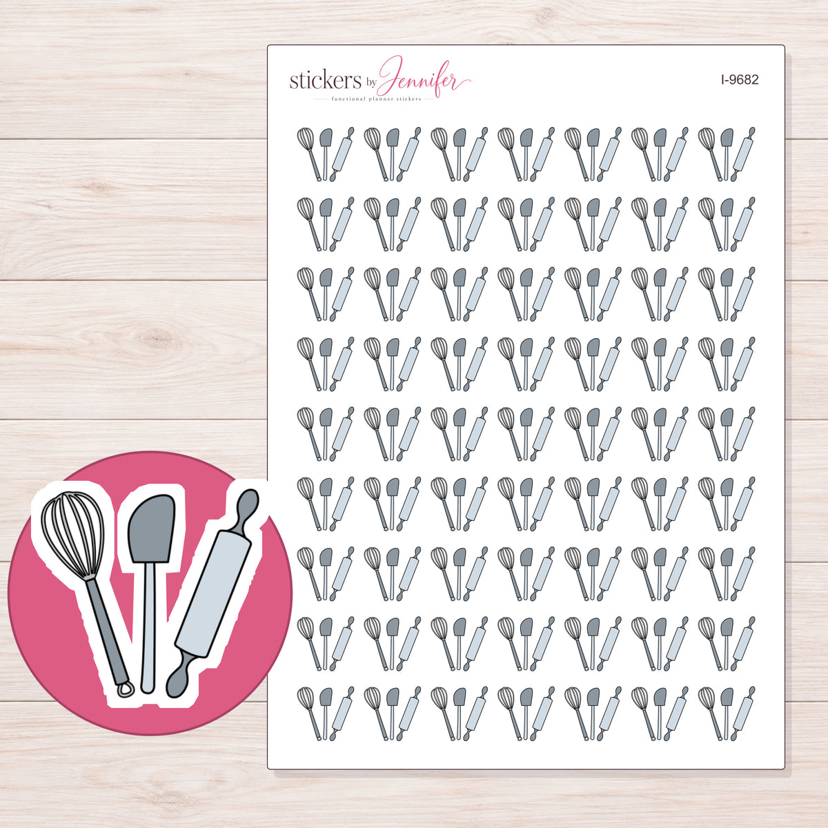 Gray Baking Utensils Planner Stickers | I-9682 — 5 × 7 inch sheet and enlarged sticker detail