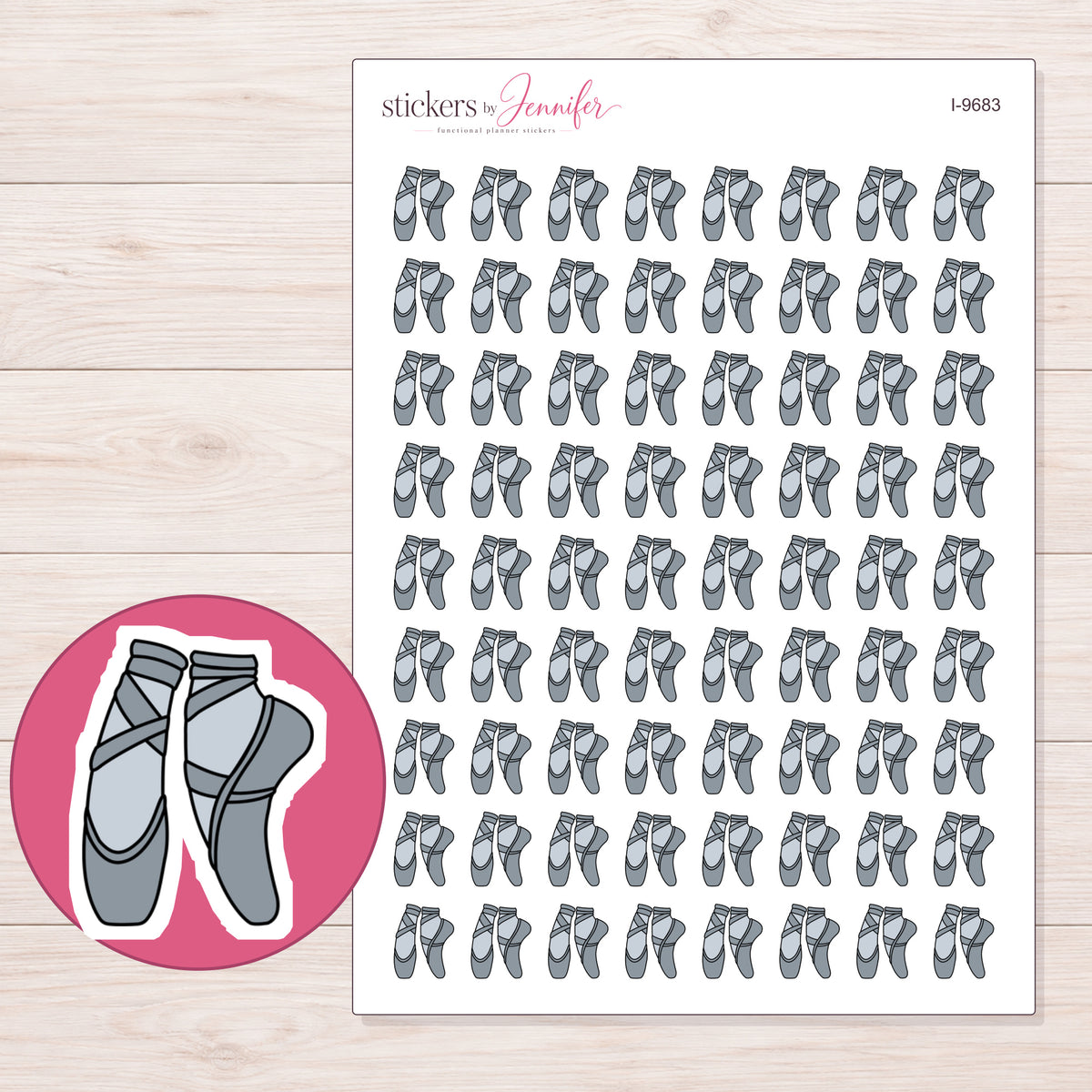 Gray Ballet Shoes Planner Stickers | I-9683 — 5 × 7 inch sheet and enlarged sticker detail