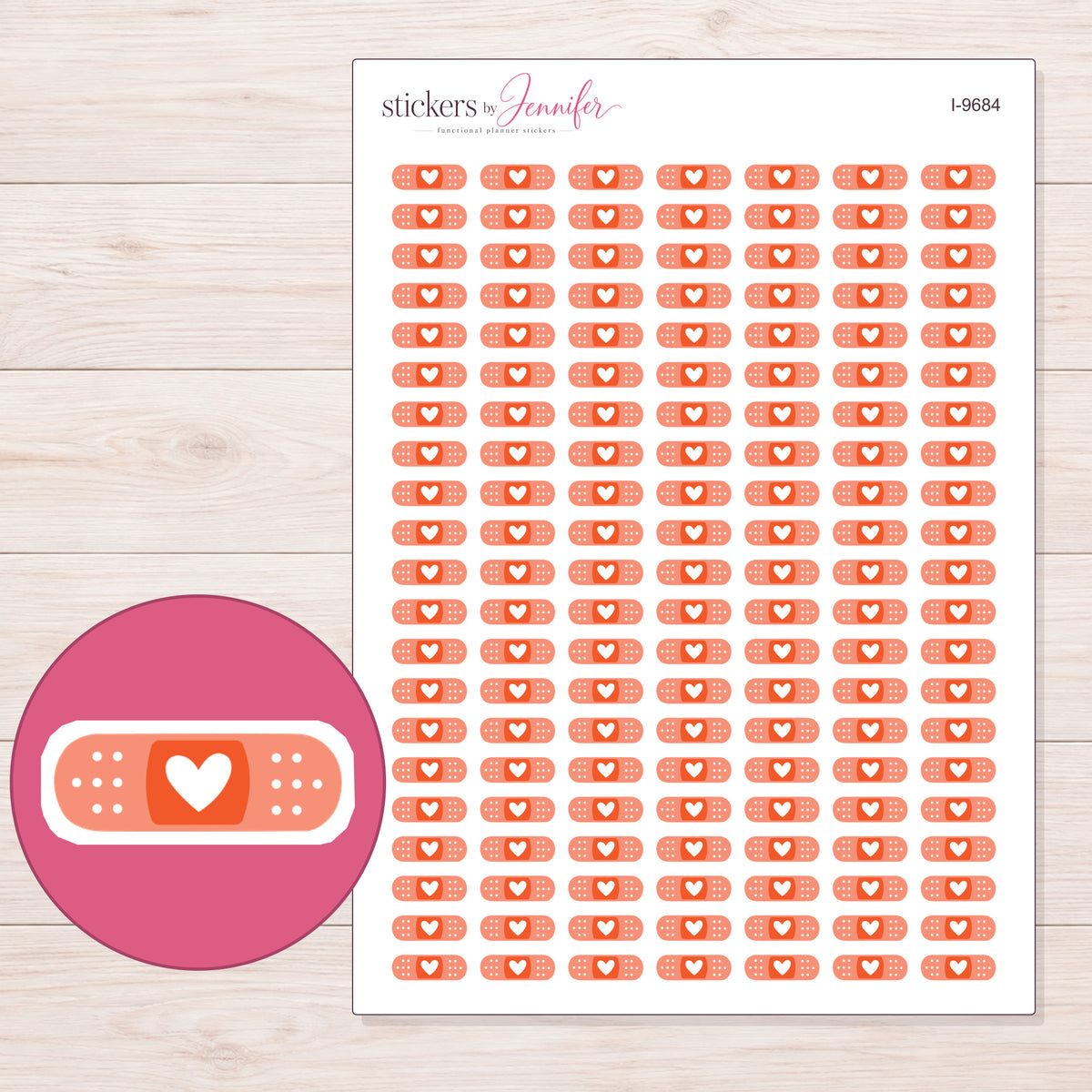 Orange Heart Bandage Planner Stickers | I-9684 — 5 × 7 inch sheet and enlarged sticker detail