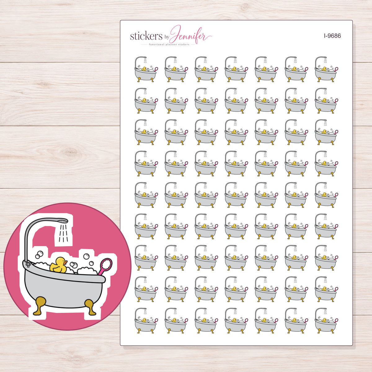 Gray Bubble Bath Planner Stickers | I-9686 — 5 × 7 inch sheet and enlarged sticker detail