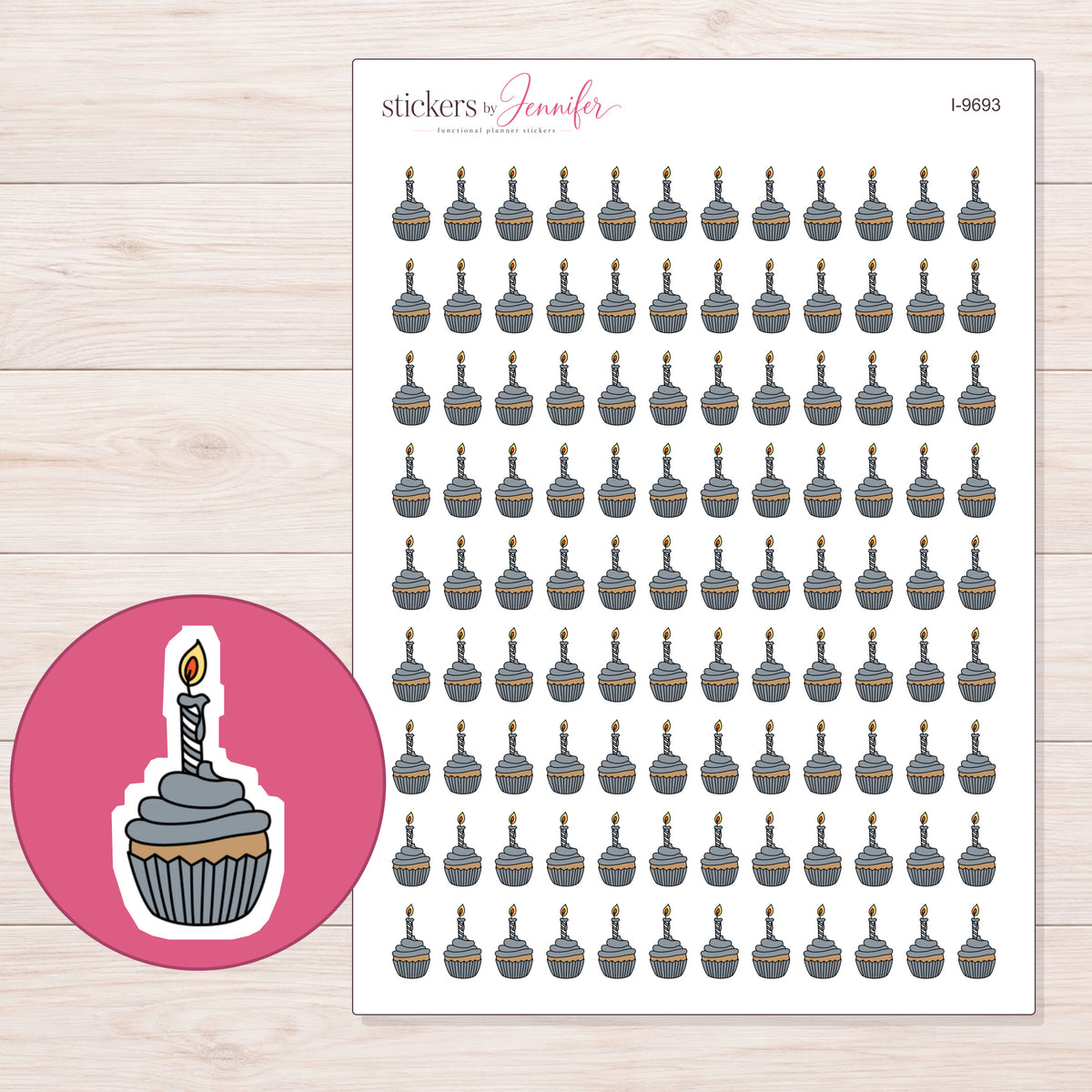 Charcoal Birthday Cupcake Planner Stickers | I-9693 — 5 × 7 inch sheet and enlarged sticker detail