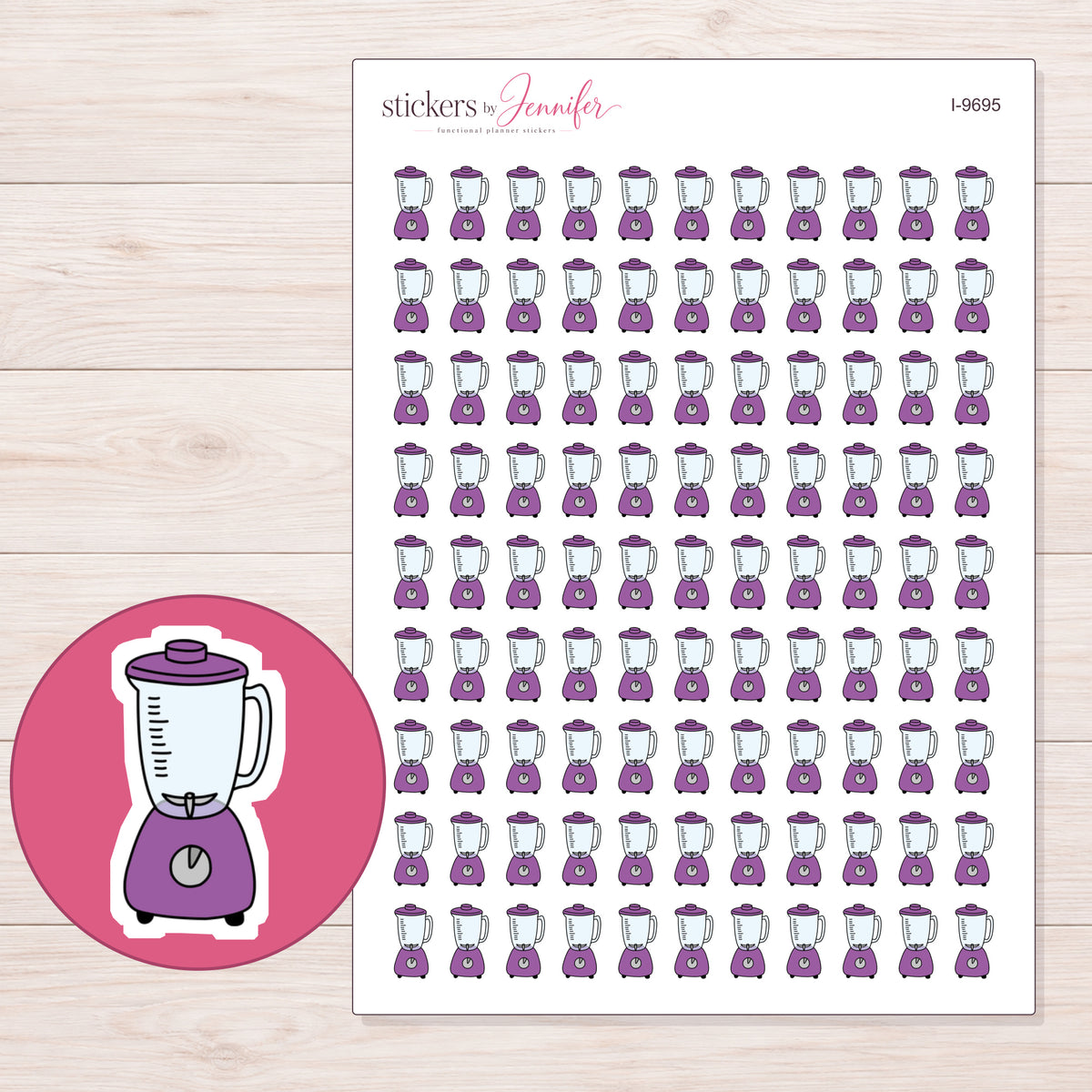 Purple Blender Planner Stickers | I-9695 — 5 × 7 inch sheet and enlarged sticker detail