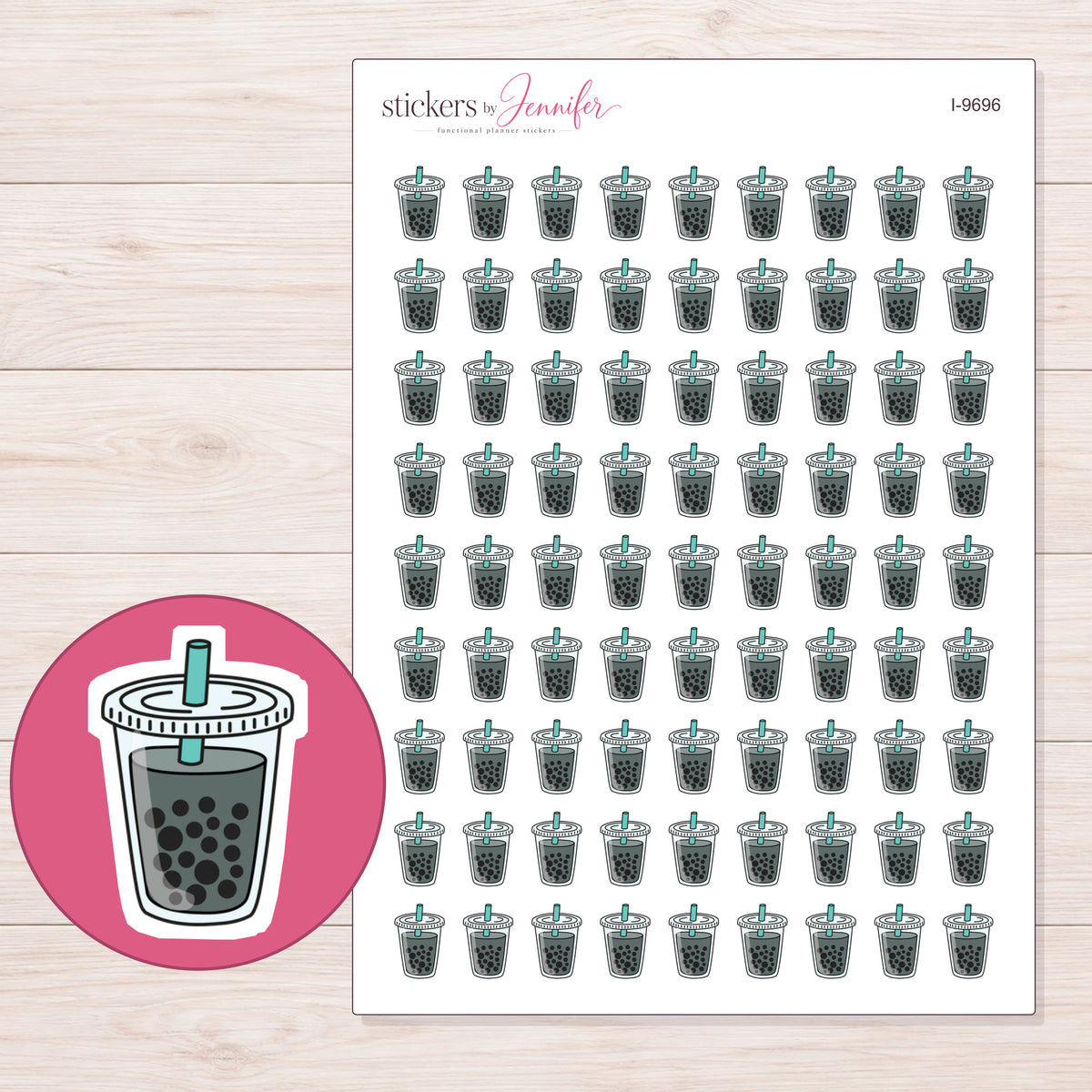 Charcoal Boba Tea Planner Stickers | I-9696 — 5 × 7 inch sheet and enlarged sticker detail