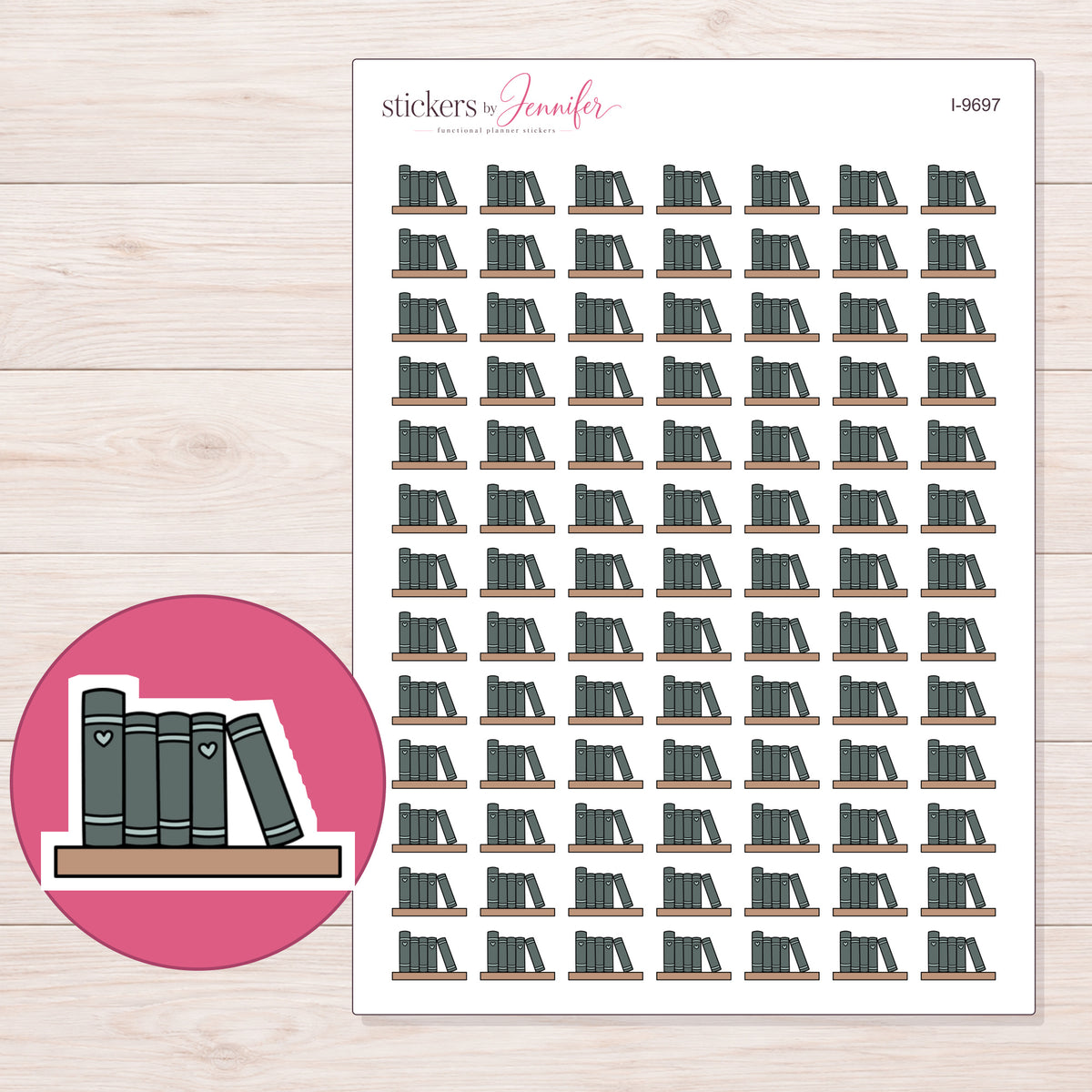 Charcoal Books on Shelf Planner Stickers | I-9697 — 5 × 7 inch sheet and enlarged sticker detail
