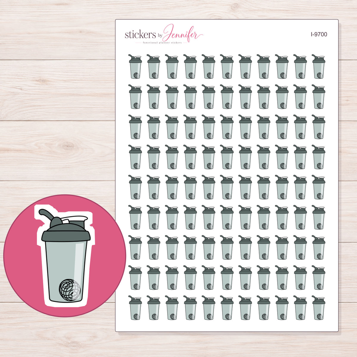 Gray Shaker Bottle Planner Stickers | I-9700 — 5 × 7 inch sheet and enlarged sticker detail