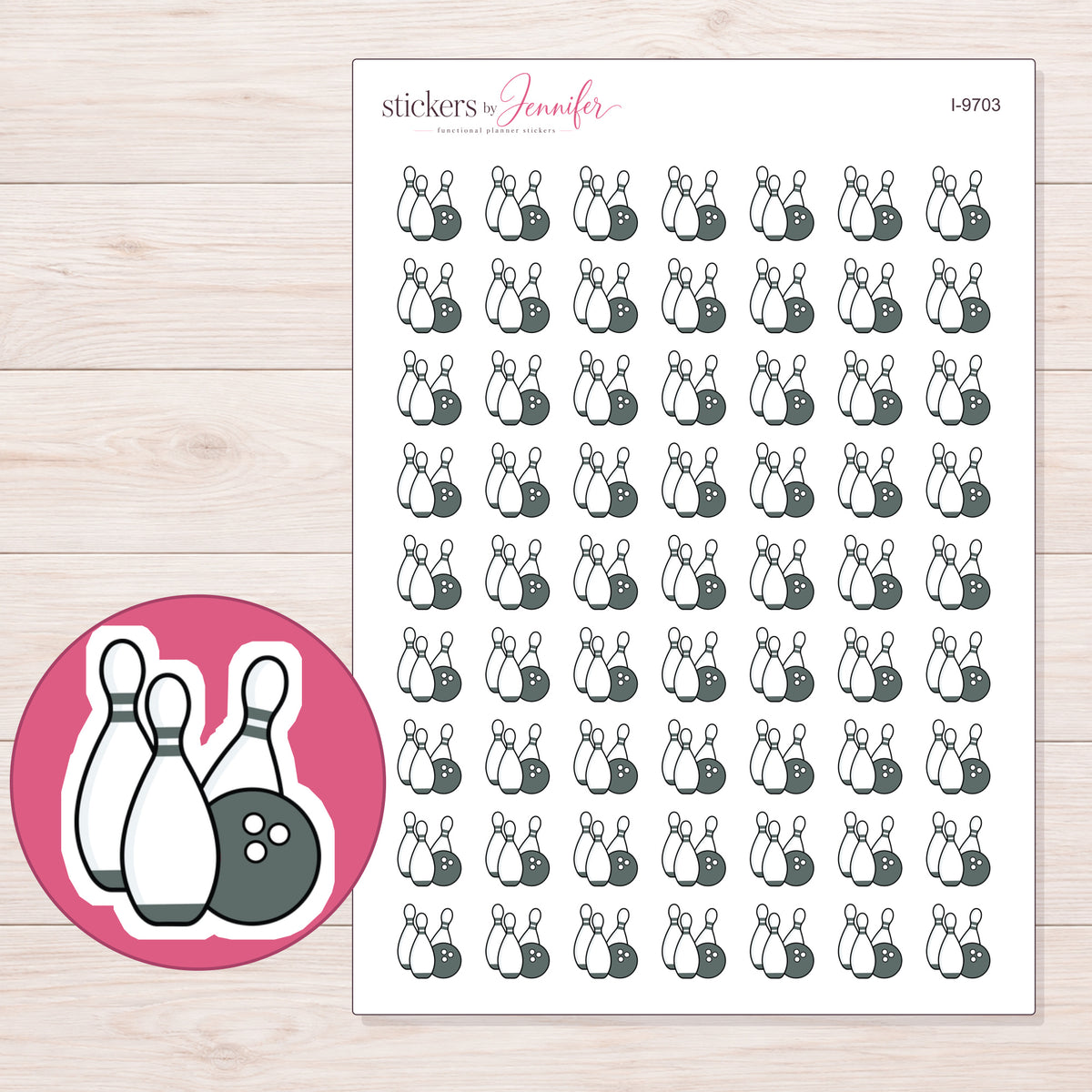 Charcoal Bowling Ball and Pins Planner Stickers | I-9703 — 5 × 7 inch sheet and enlarged sticker detail