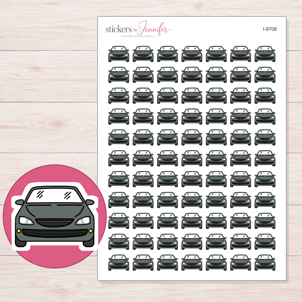 Charcoal Car Planner Stickers | I-9708 — 5 × 7 inch sheet and enlarged sticker detail