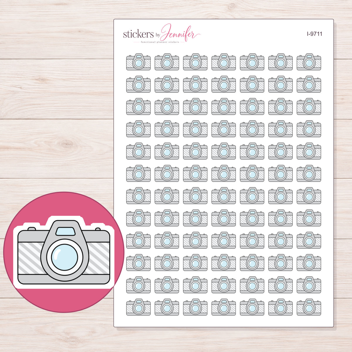 Silver Camera Planner Stickers | I-9711 — 5 × 7 inch sheet and enlarged sticker detail