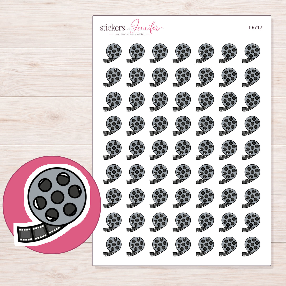 Gray Film Reel Planner Stickers | I-9712 — 5 × 7 inch sheet and enlarged sticker detail