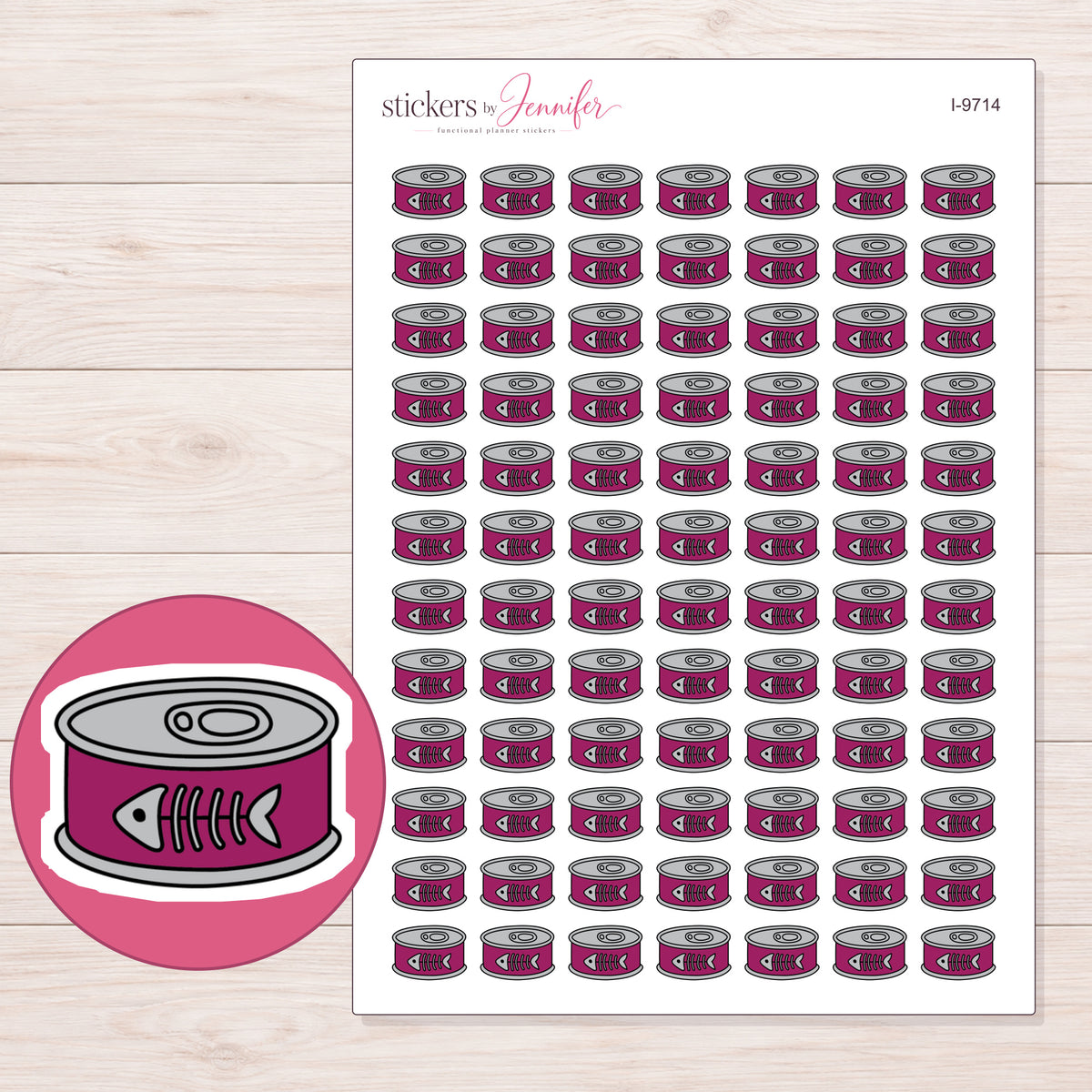 Magenta Cat Food Can Planner Stickers | I-9714 — 5 × 7 inch sheet and enlarged sticker detail