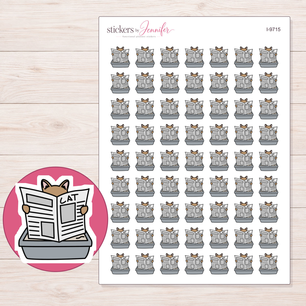 Cat Reading in Litter Box Planner Stickers | I-9715 — 5 × 7 inch sheet and enlarged sticker detail