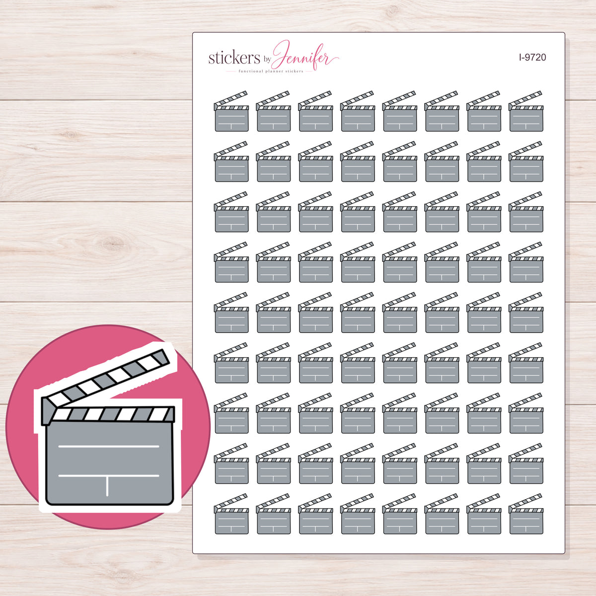 Gray Clapperboard Planner Stickers | I-9720 — 5 × 7 inch sheet and enlarged sticker detail