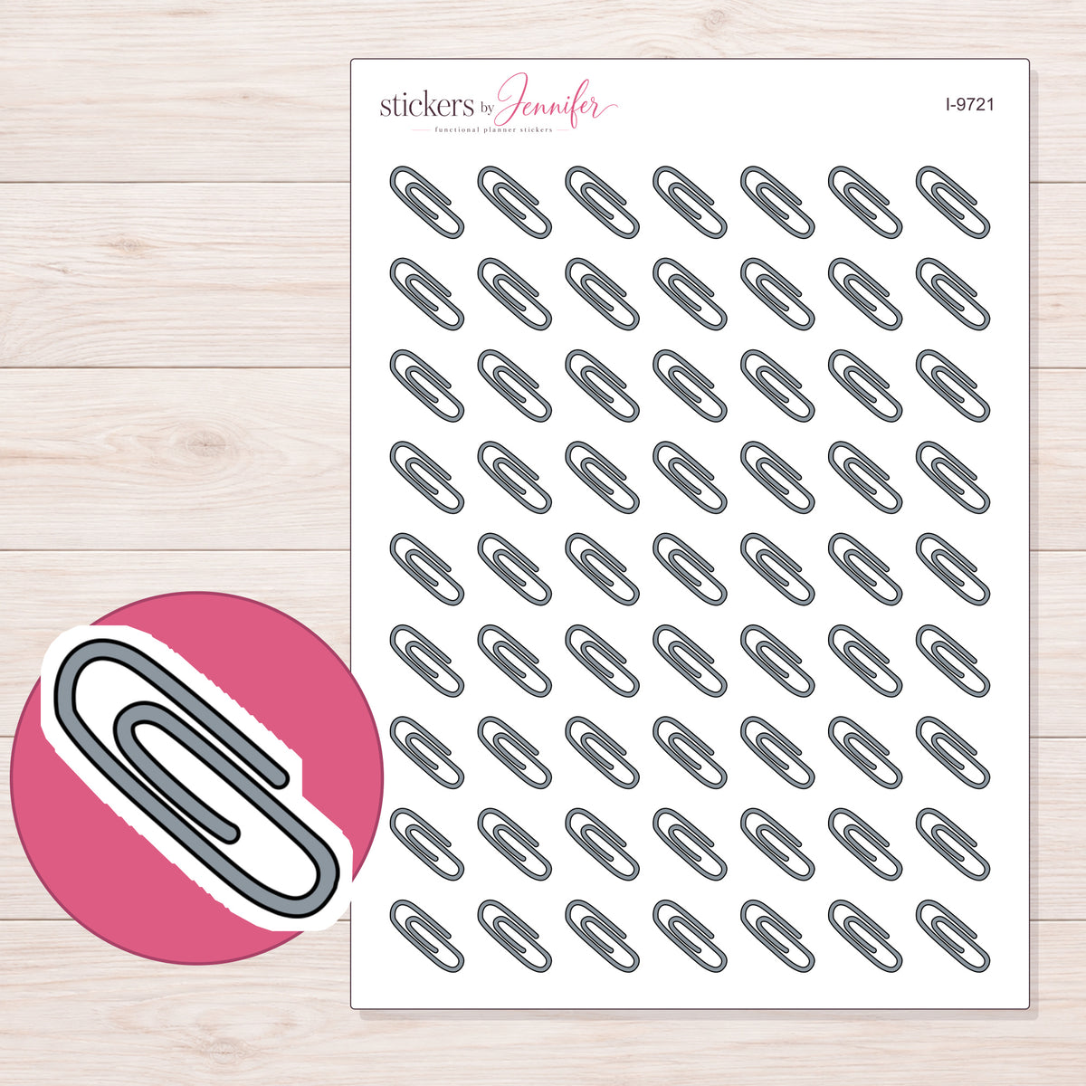 Gray Paper Clip Planner Stickers | I-9721 — 5 × 7 inch sheet and enlarged sticker detail