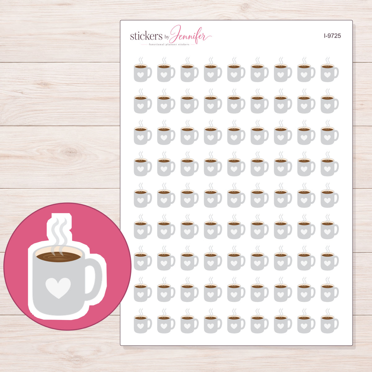 Light Gray Heart Coffee Mug Planner Stickers | I-9725 — 5 × 7 inch sheet and enlarged sticker detail