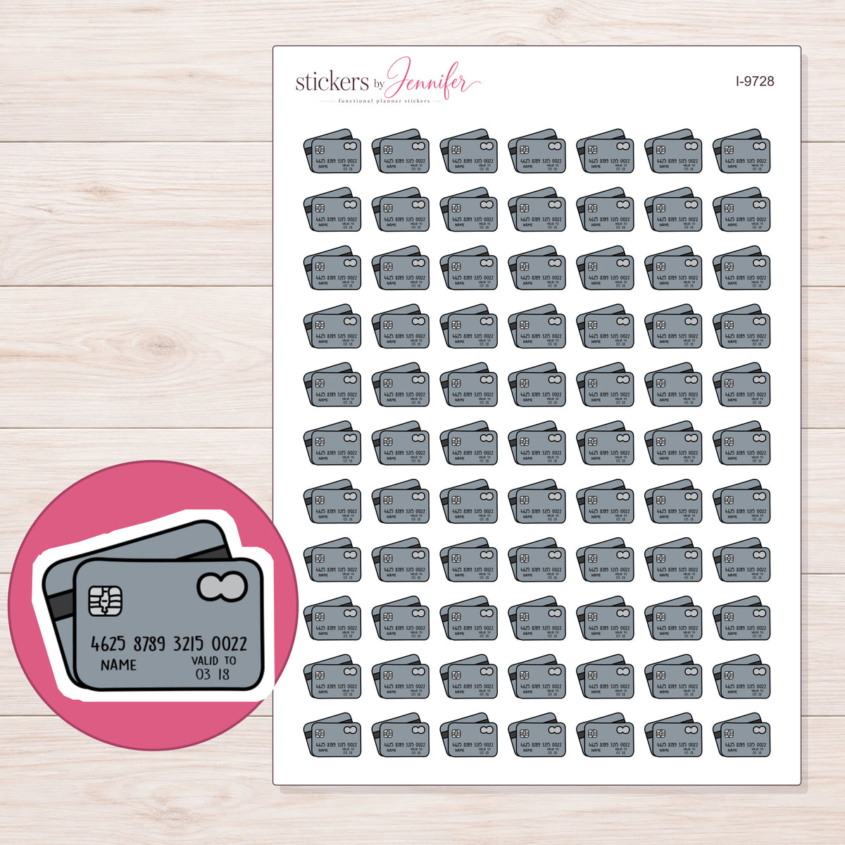 Gray Credit Cards Planner Stickers | I-9728 — 5 × 7 inch sheet and enlarged sticker detail