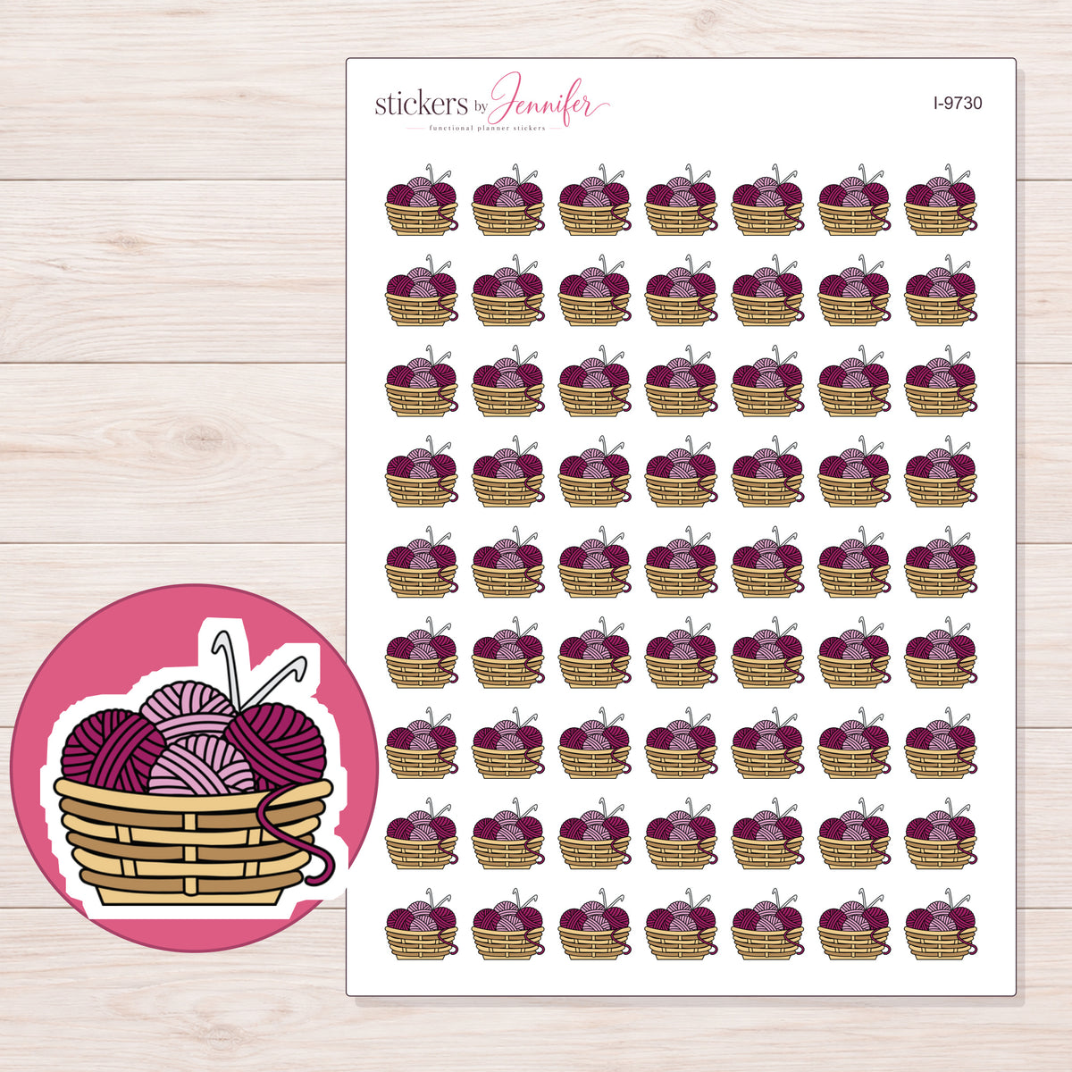 Magenta Yarn Basket Planner Stickers | I-9730 — 5 × 7 inch sheet and enlarged sticker detail