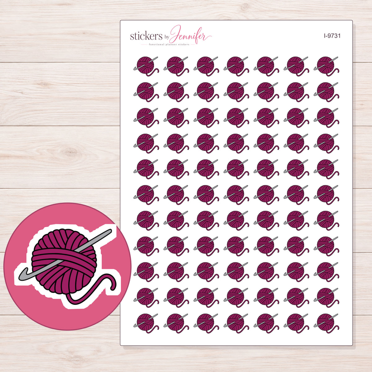 Magenta Yarn Ball and Hook Planner Stickers | I-9731 — 5 × 7 inch sheet and enlarged sticker detail