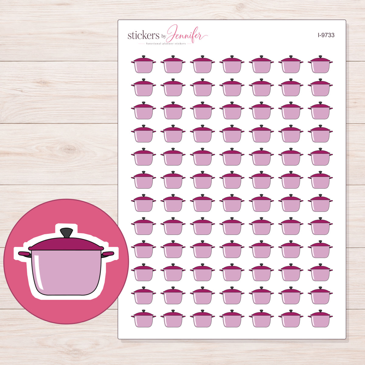 Pink Cooking Pot Planner Stickers | I-9733 — 5 × 7 inch sheet and enlarged sticker detail