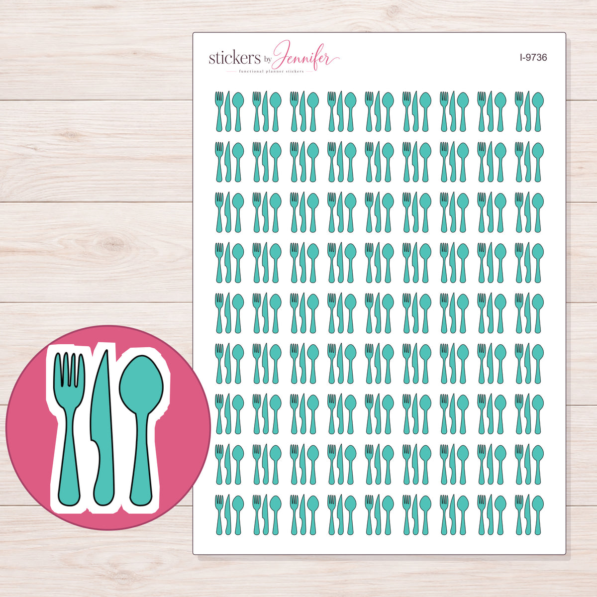 Teal Cutlery Planner Stickers | I-9736 — 5 × 7 inch sheet and enlarged sticker detail