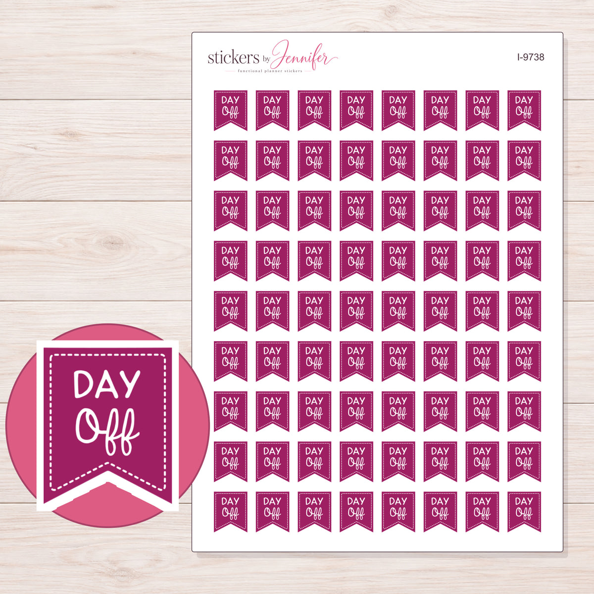 Magenta Day Off Flag Planner Stickers | I-9738 — 5 × 7 inch sheet and enlarged sticker detail