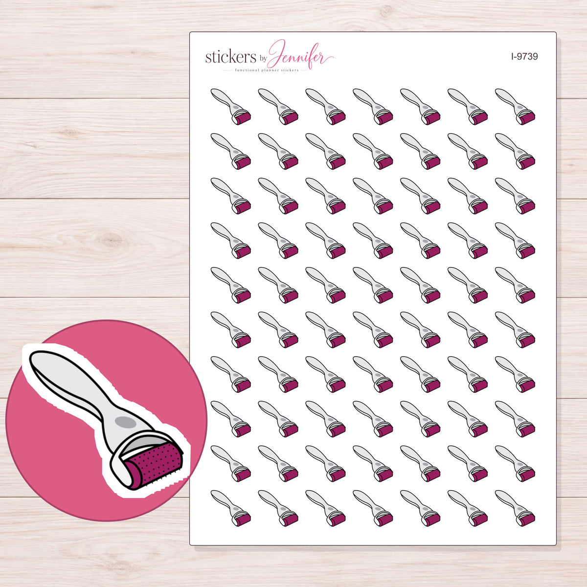 Magenta Derma Roller Planner Stickers | I-9739 — 5 × 7 inch sheet and enlarged sticker detail