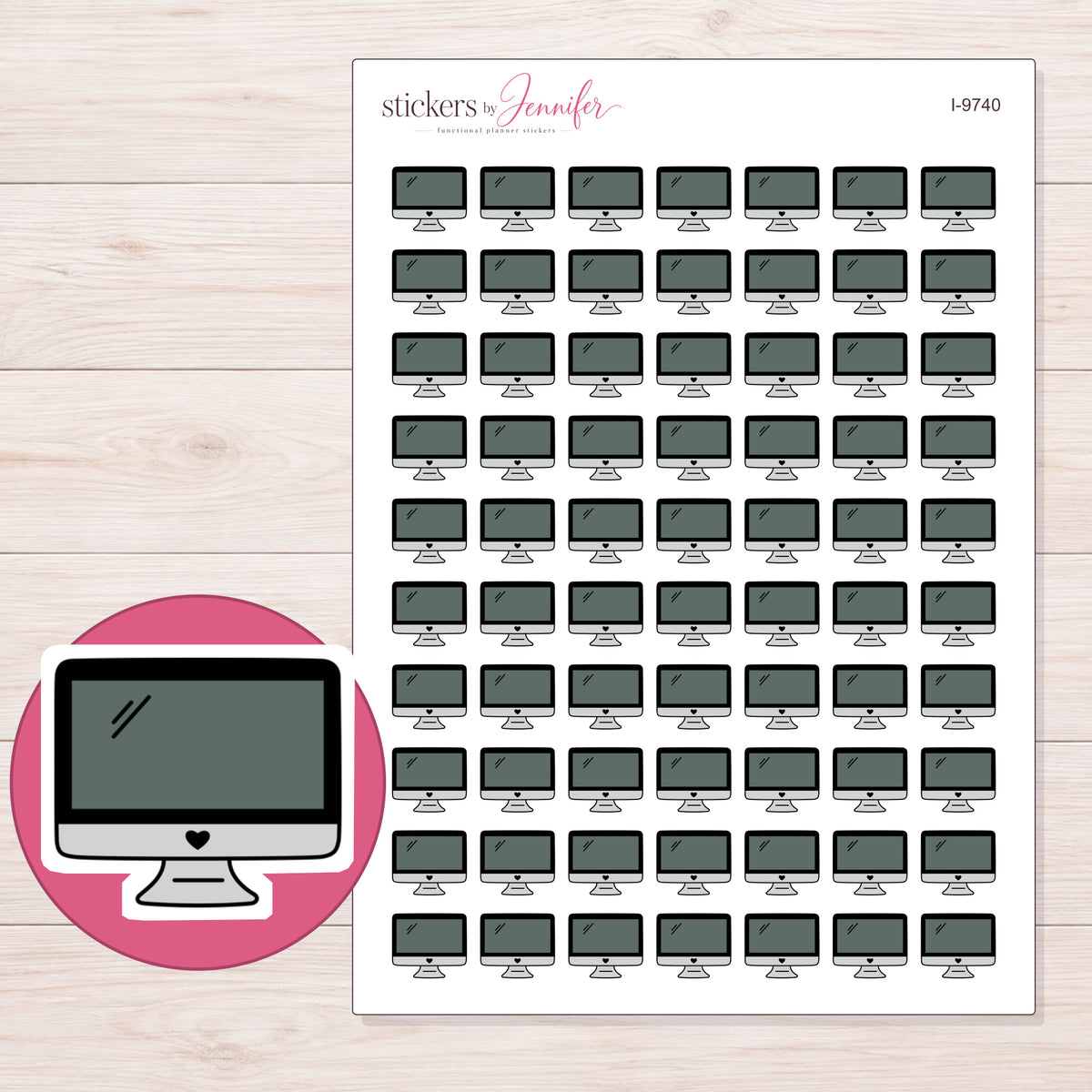 Charcoal Desktop Computer Planner Stickers | I-9740 — 5 × 7 inch sheet and enlarged sticker detail