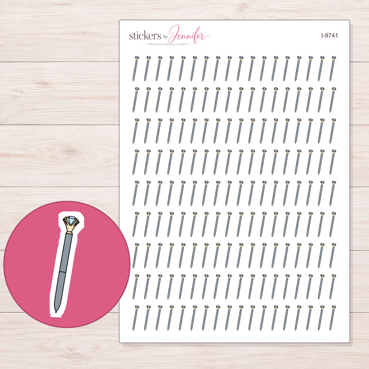 Gray Diamond Pen Planner Stickers | I-9741 — 5 × 7 inch sheet and enlarged sticker detail