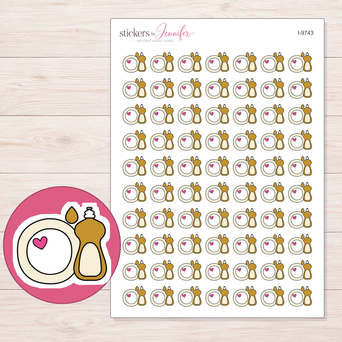 Gold Dish Soap and Plate Planner Stickers | I-9743 — 5 × 7 inch sheet and enlarged sticker detail