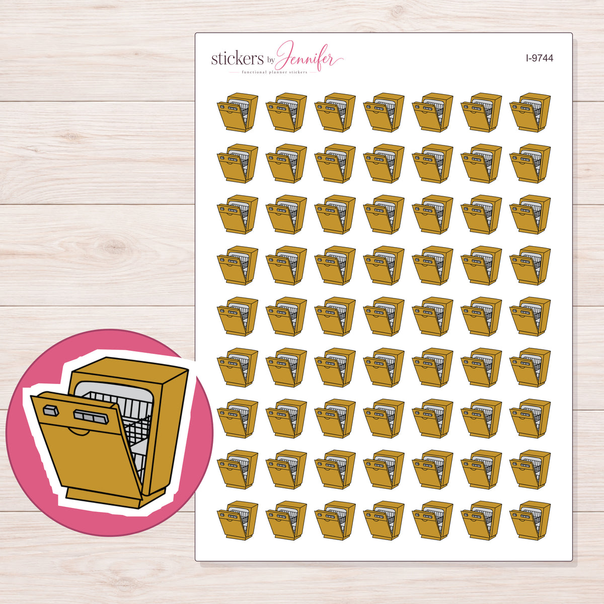 Gold Dishwasher Planner Stickers | I-9744 — 5 × 7 inch sheet and enlarged sticker detail