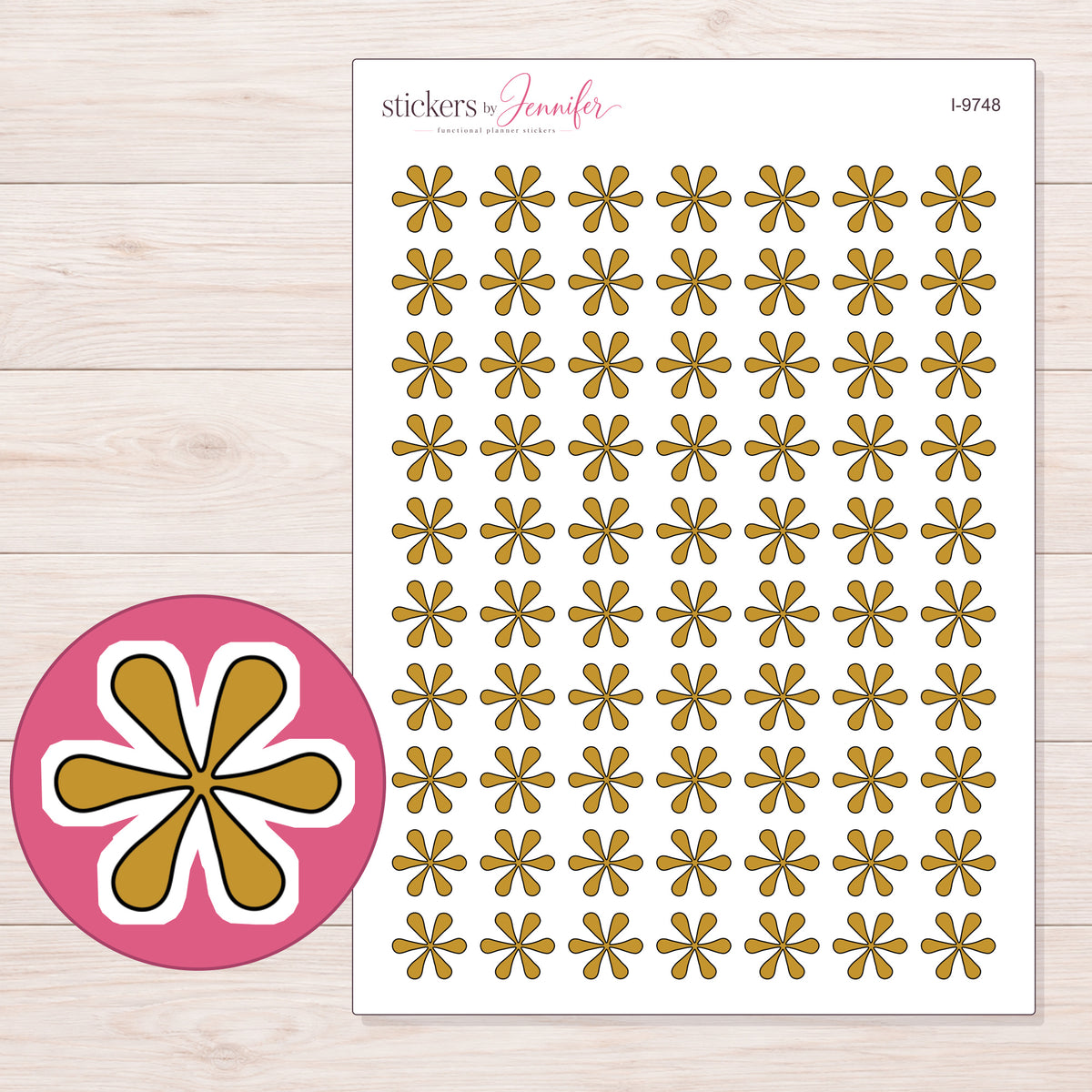 Gold Doodle Asterisk Planner Stickers | I-9748 — 5 × 7 inch sheet and enlarged sticker detail
