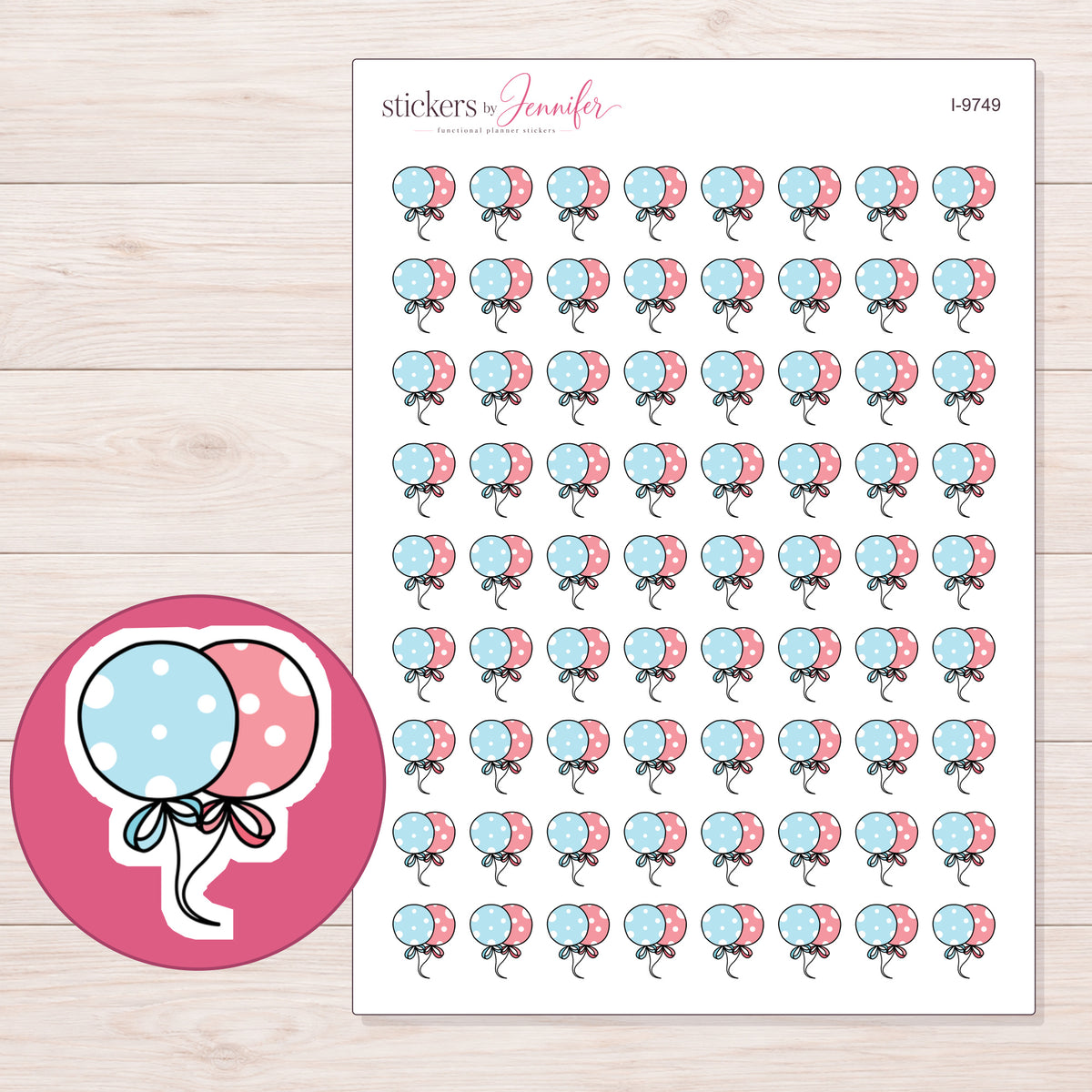Pink and Blue Polka Dot Balloons Planner Stickers | I-9749 — 5 × 7 inch sheet and enlarged sticker detail