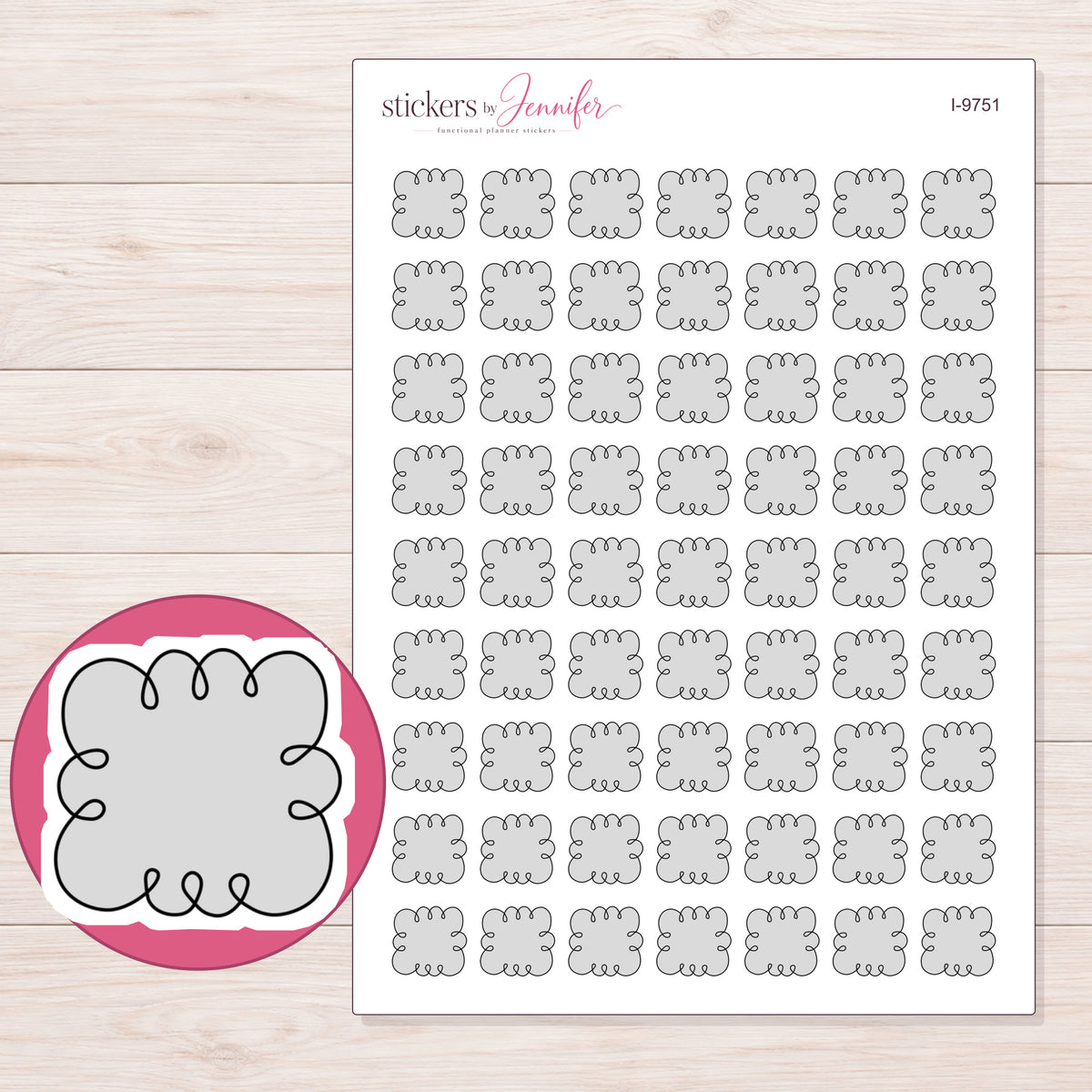 Gray Doodle Note Cloud Planner Stickers | I-9751 — 5 × 7 inch sheet and enlarged sticker detail
