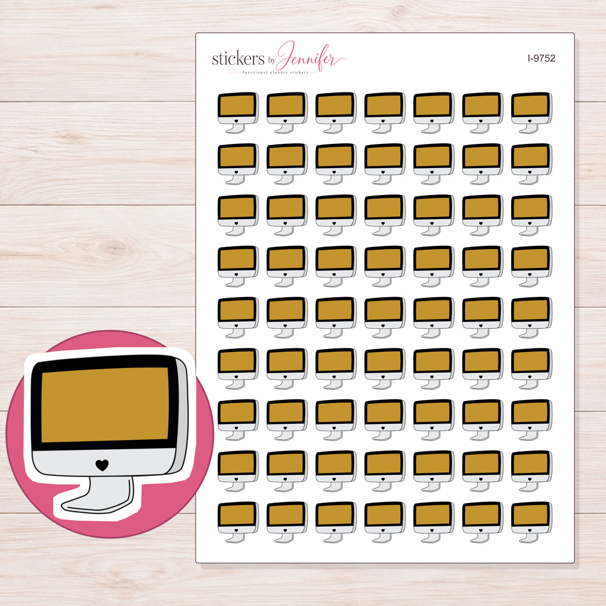 Gold Screen Desktop Computer Planner Stickers | I-9752 — 5 × 7 inch sheet and enlarged sticker detail