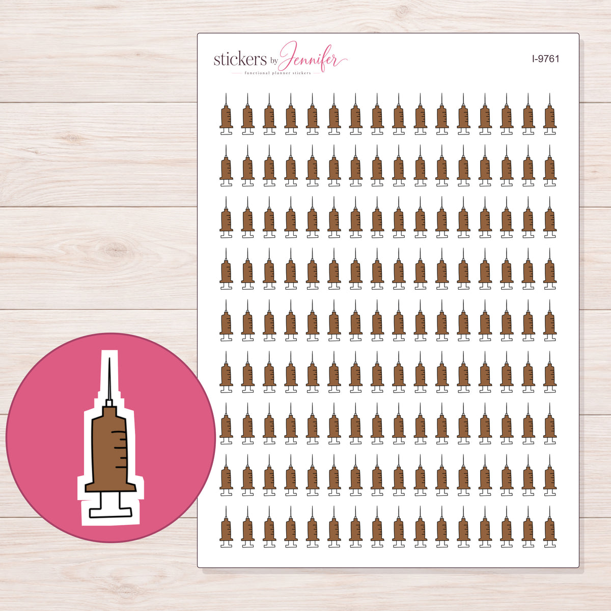Brown Syringe Icon Planner Stickers | I-9761 — 5 × 7 inch sheet and enlarged sticker detail