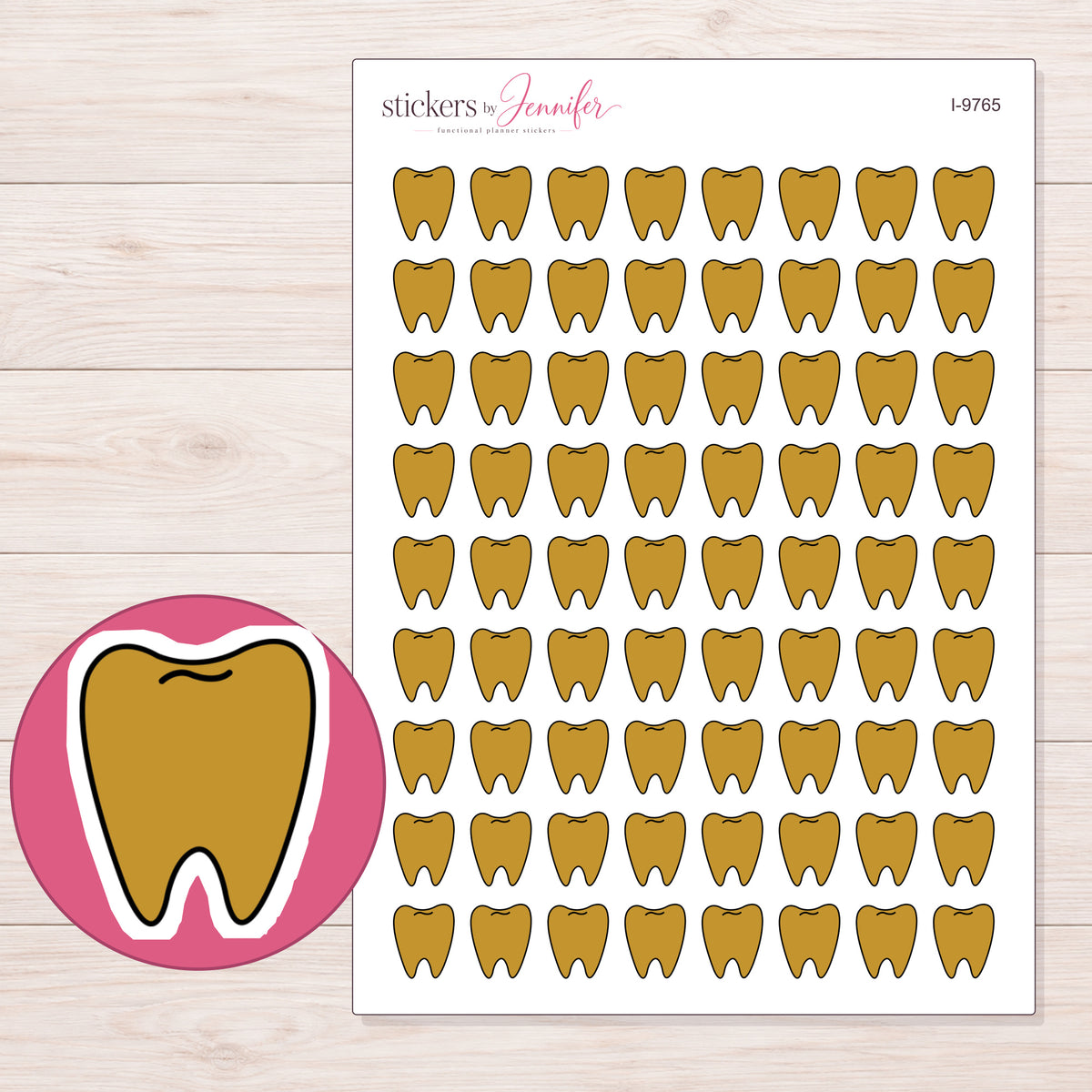 Gold Tooth Planner Stickers | I-9765 — 5 × 7 inch sheet and enlarged sticker detail