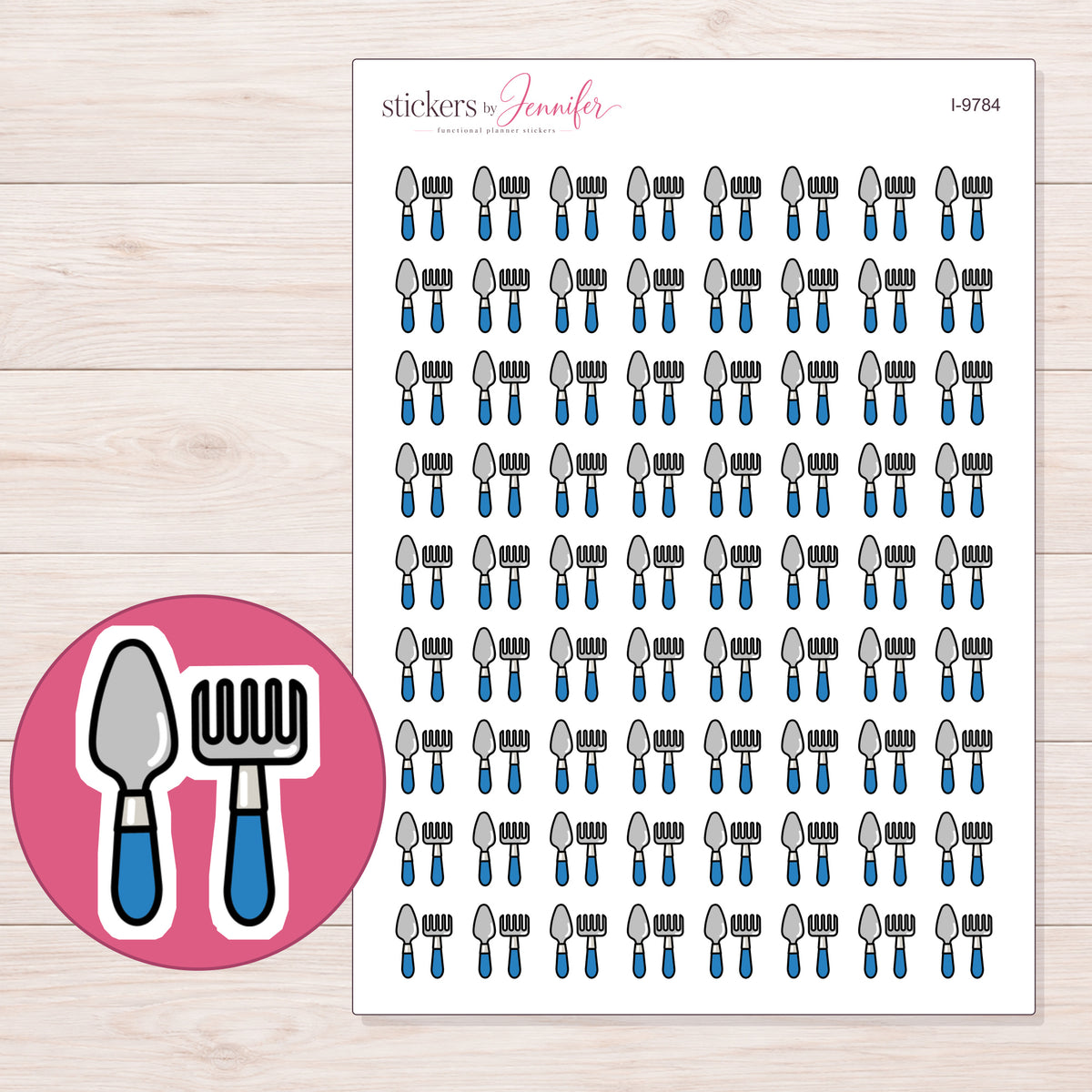 Blue Garden Tools Planner Stickers | I-9784 — 5 × 7 inch sheet and enlarged sticker detail