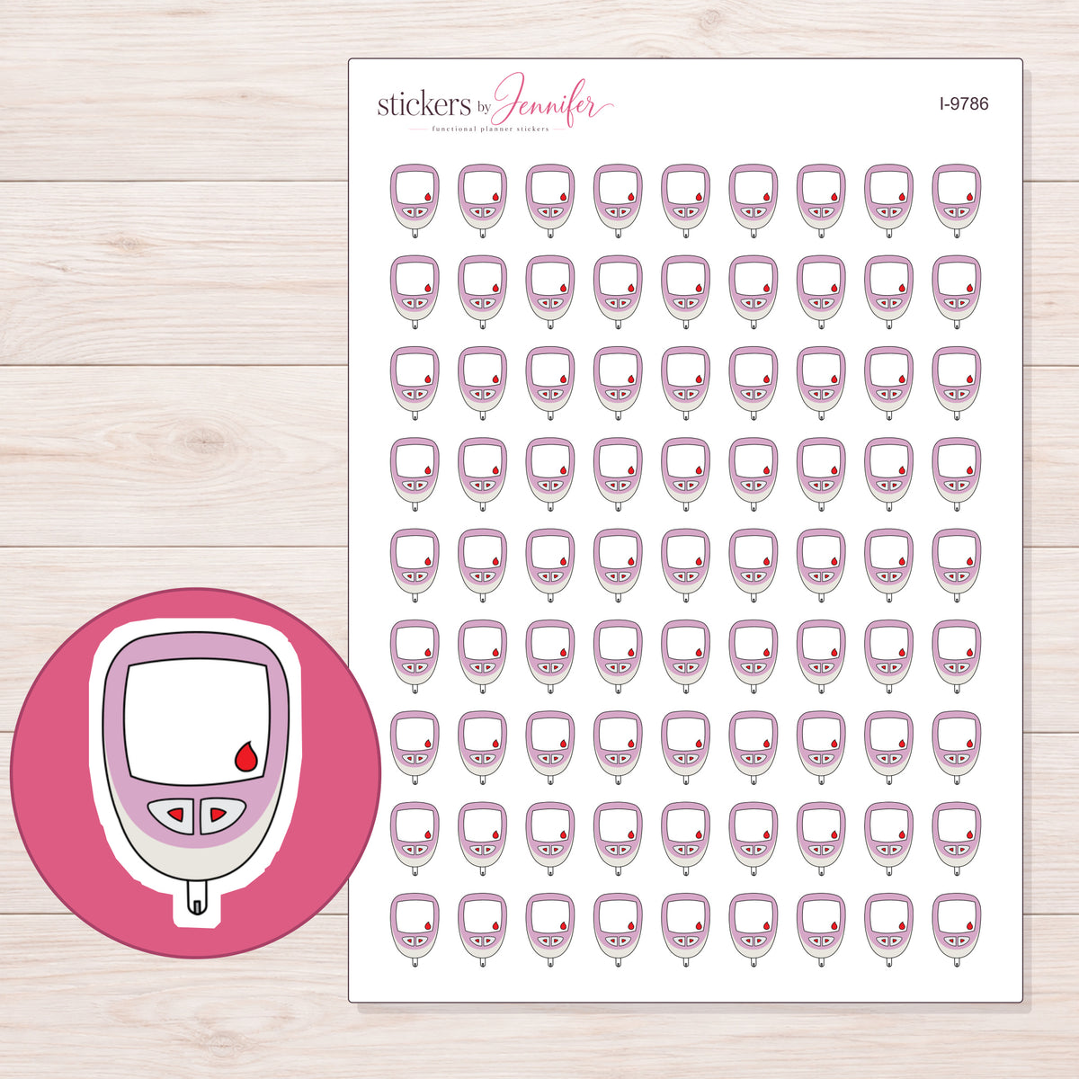 Pink Glucose Meter Planner Stickers | I-9786 — 5 × 7 inch sheet and enlarged sticker detail
