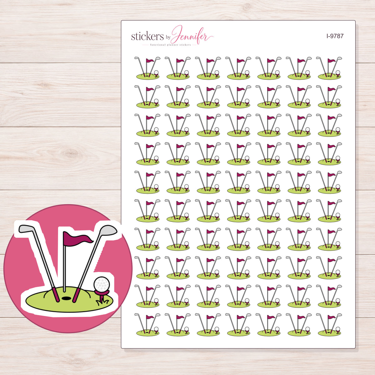 Golf Clubs and Putting Green Planner Stickers | I-9787 — 5 × 7 inch sheet and enlarged sticker detail