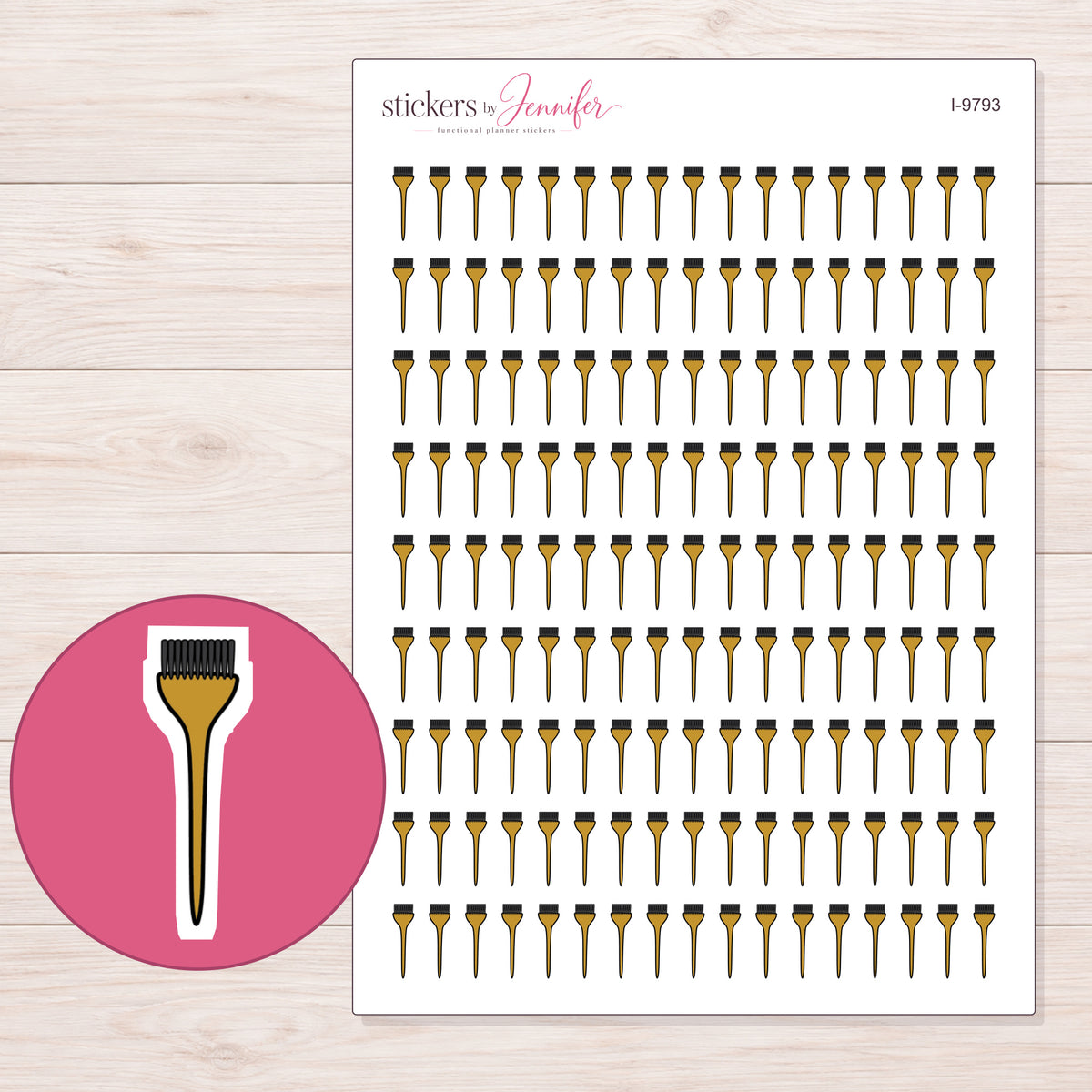 Gold Hair Color Brush Planner Stickers | I-9793 — 5 × 7 inch sheet and enlarged sticker detail