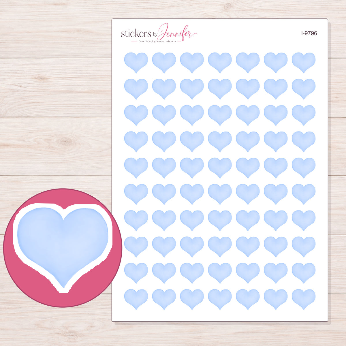 Pale Blue Watercolor Heart Planner Stickers | I-9796 — 5 × 7 inch sheet and enlarged sticker detail