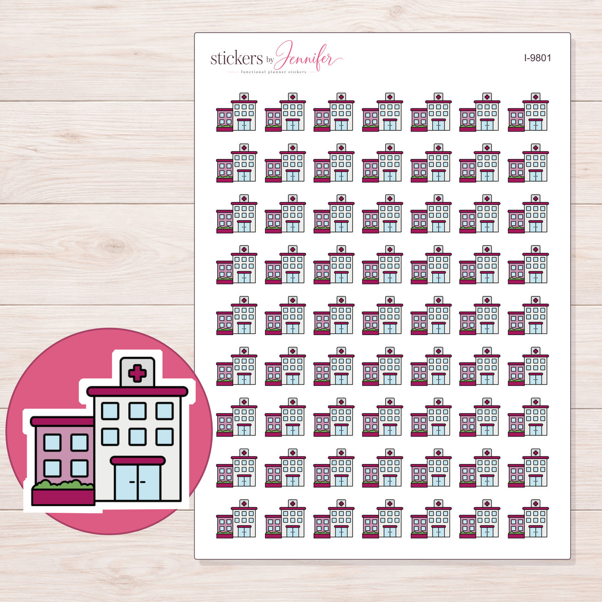Magenta Hospital Planner Stickers | I-9801 — 5 × 7 inch sheet and enlarged sticker detail