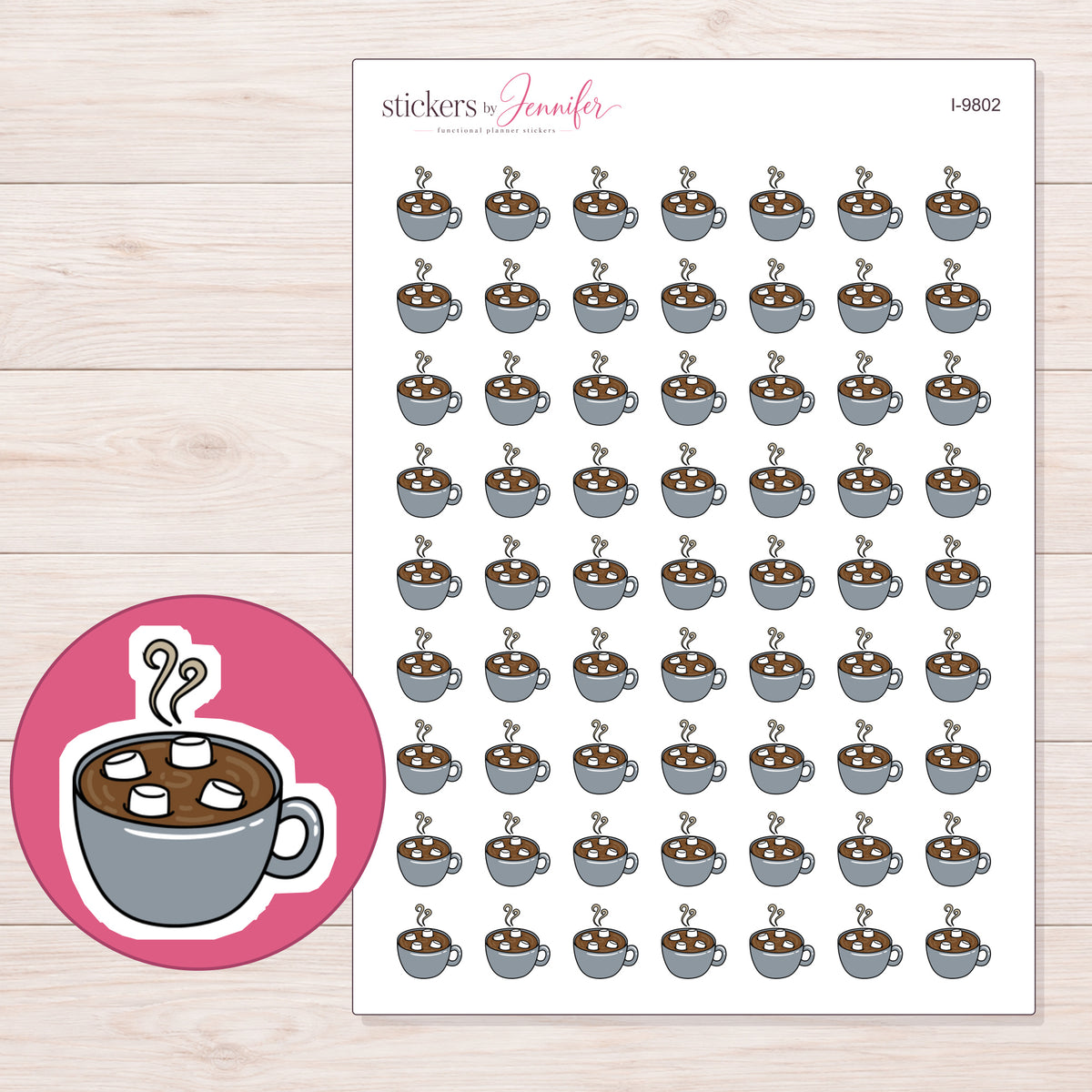 Gray Hot Cocoa Mug Planner Stickers | I-9802 — 5 × 7 inch sheet and enlarged sticker detail