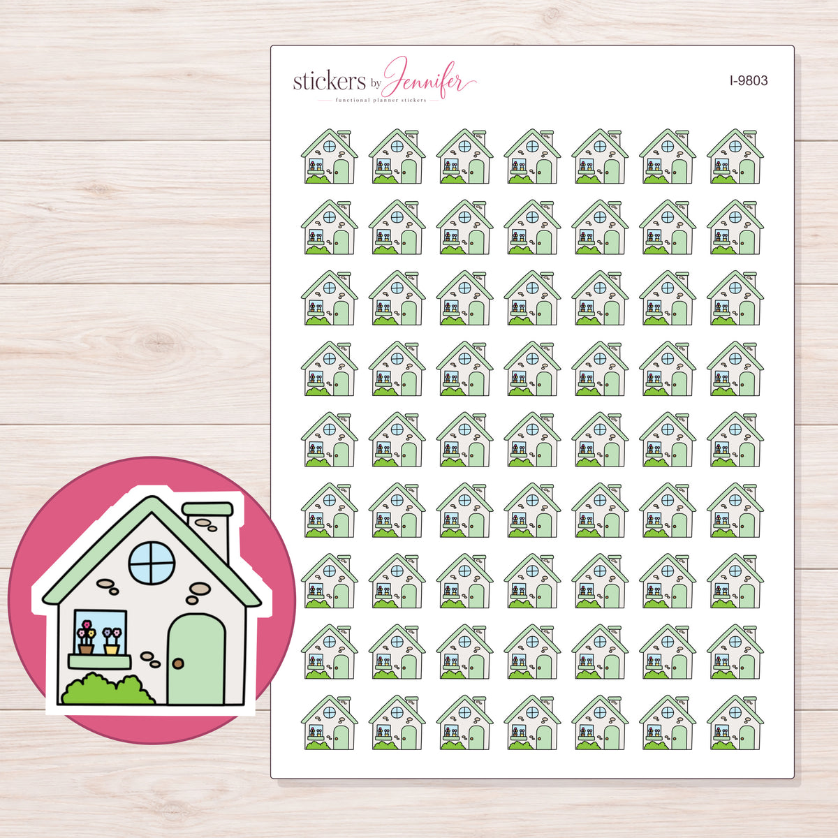Pale Green House Planner Stickers | I-9803 — 5 × 7 inch sheet and enlarged sticker detail