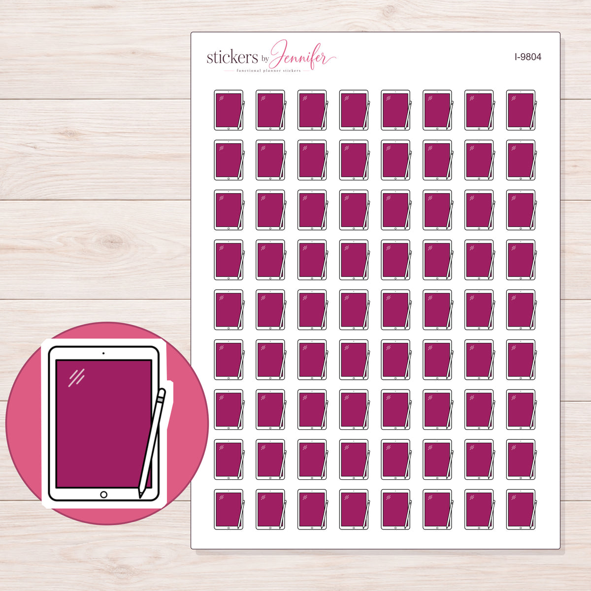 Magenta Screen Tablet Planner Stickers | I-9804 — 5 × 7 inch sheet and enlarged sticker detail