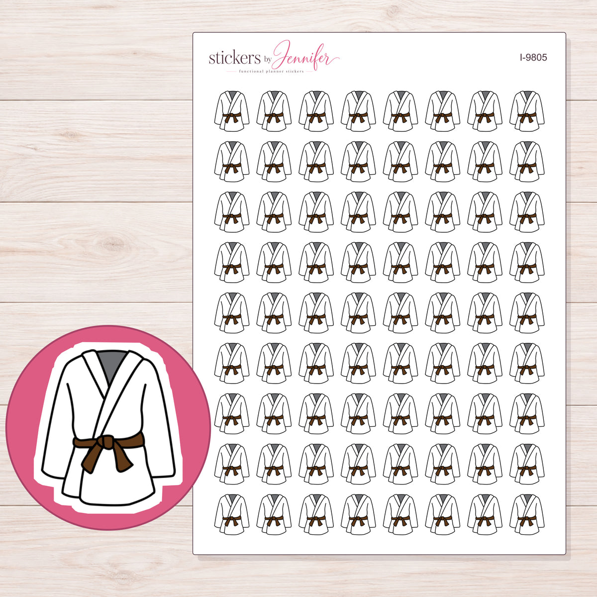 Karate Uniform with Brown Belt Planner Stickers | I-9805 — 5 × 7 inch sheet and enlarged sticker detail